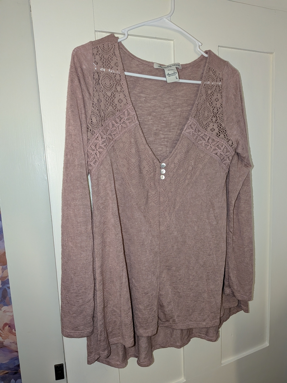 American Rag, Boho, Lace, Soft Lace-Trim Long Sleeve V-Neck Top - Dusty Mauve